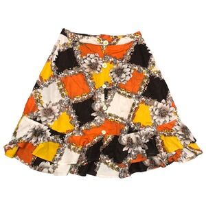 Vintage Skirt M Orange Floral 70s Mod Hippie Boho‎ Handmade Ruffle Knee Length